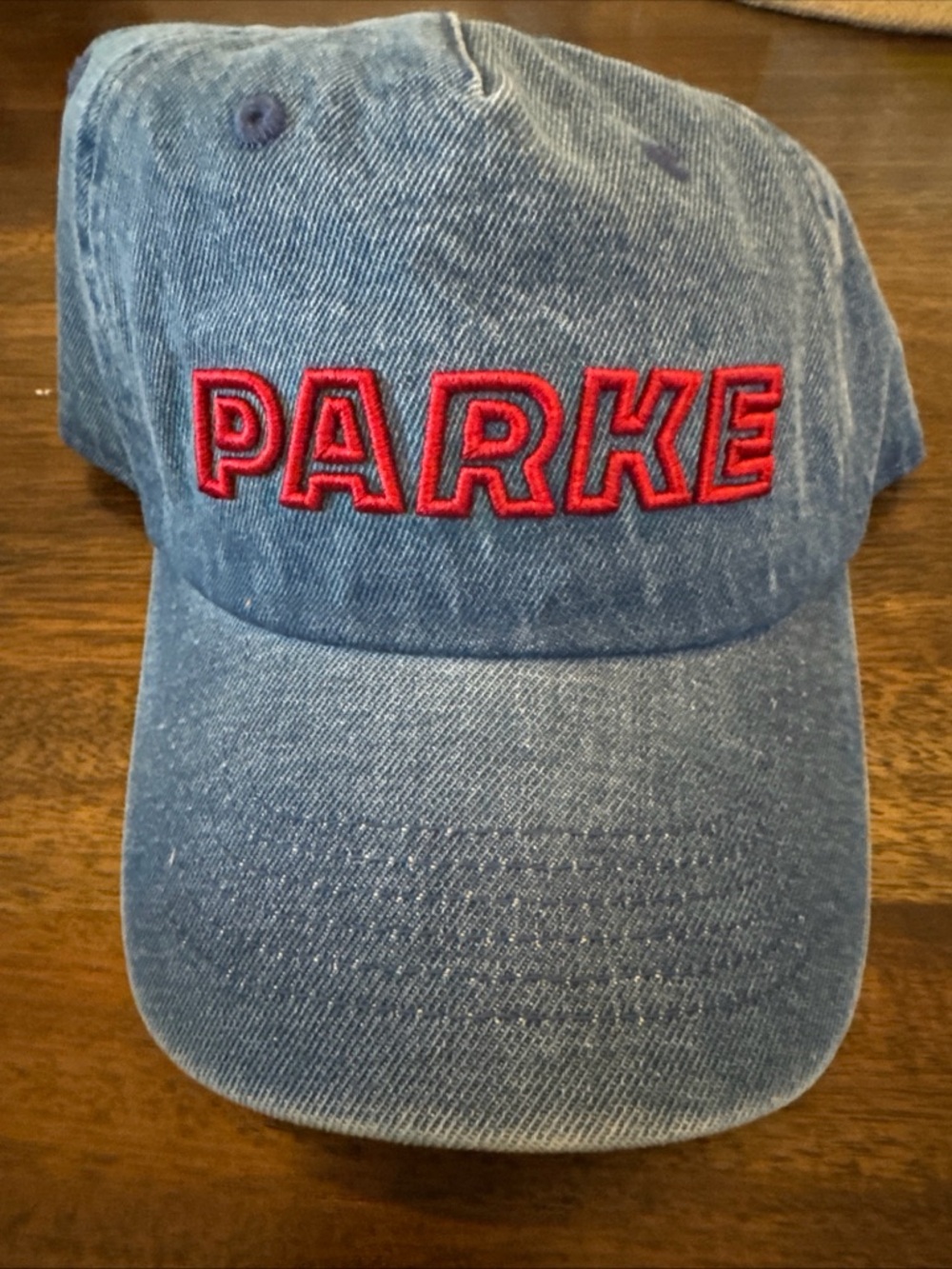 Parker Embroidered Denim Baseball Cap in Blue with Red Logo